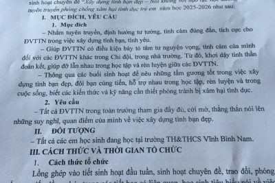 Liên đội tổ chức tối thiểu 01 buổi sinh hoạt theo chủ điểm “Xây dựng tình bạn đẹp, nói không với bạo lực học đường”